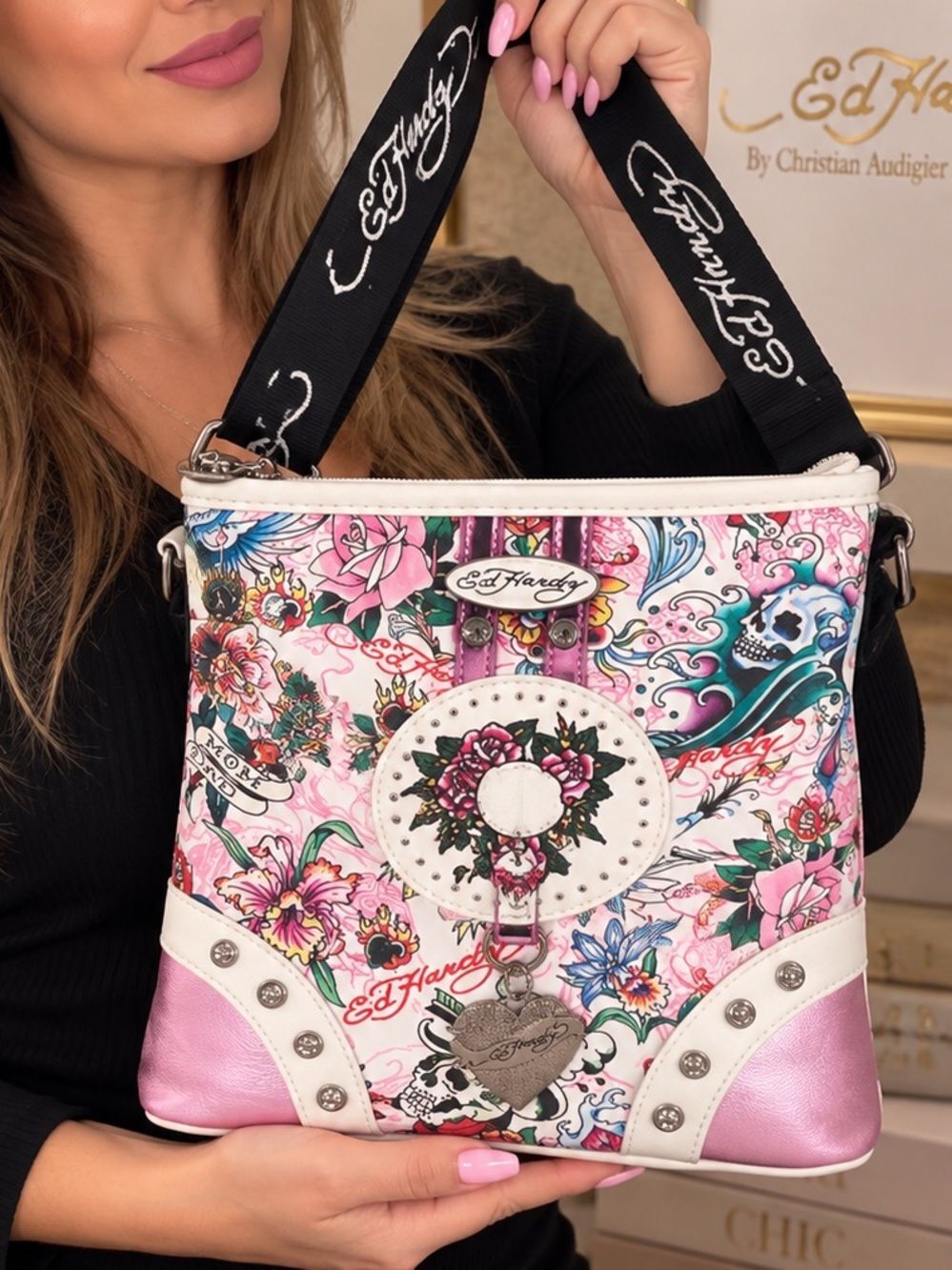 Ed Hardy Studded Skull Graphic Crossbody Bag with charms